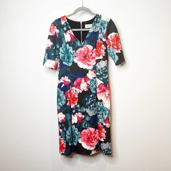 Eliza J Womens Multicolor Floral Short Sleeve V Neck Sheath Dress Size 8 - Picture 1 of 8